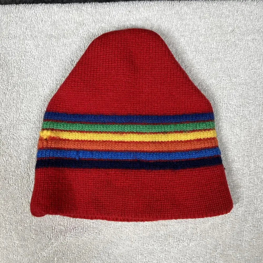 Hat Beanie Girls One Size Red 100% Wool Striped Rainbow Winter Cozy Casual